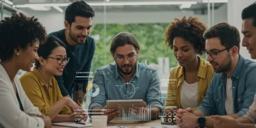 Diverse social entrepreneurs collaborating on impact projects in a modern co-working space, symbolizing innovation and social change.