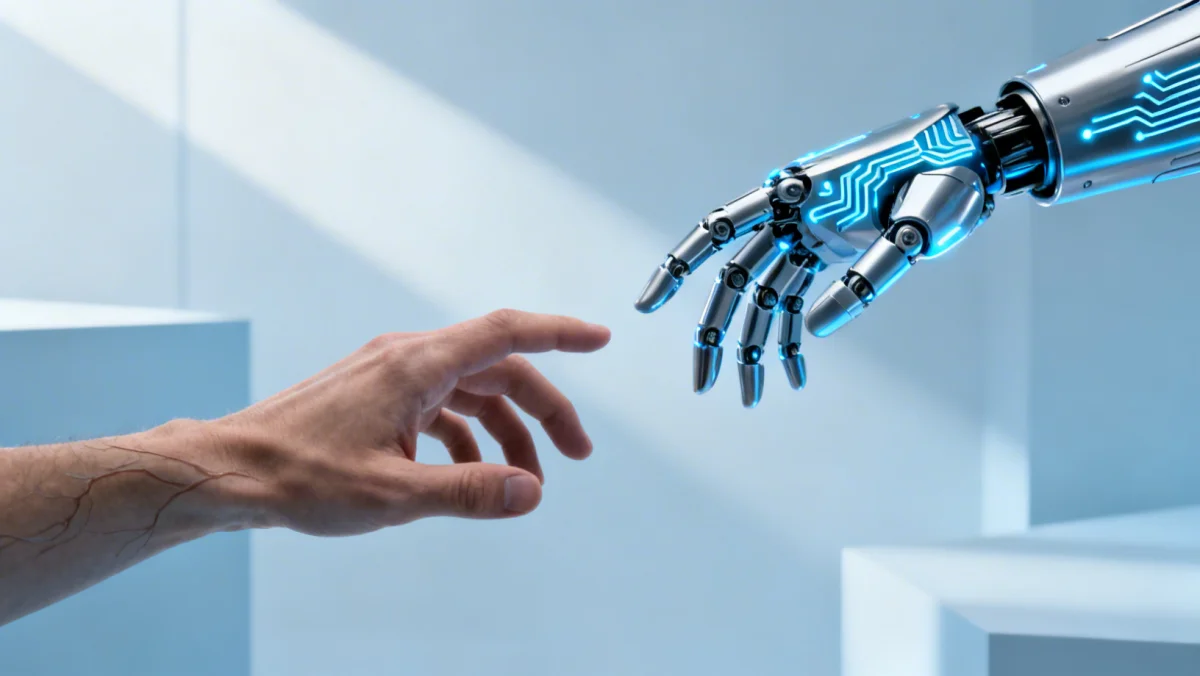 Organic and cybernetic hands reaching, symbolizing human autonomy and technological integration.