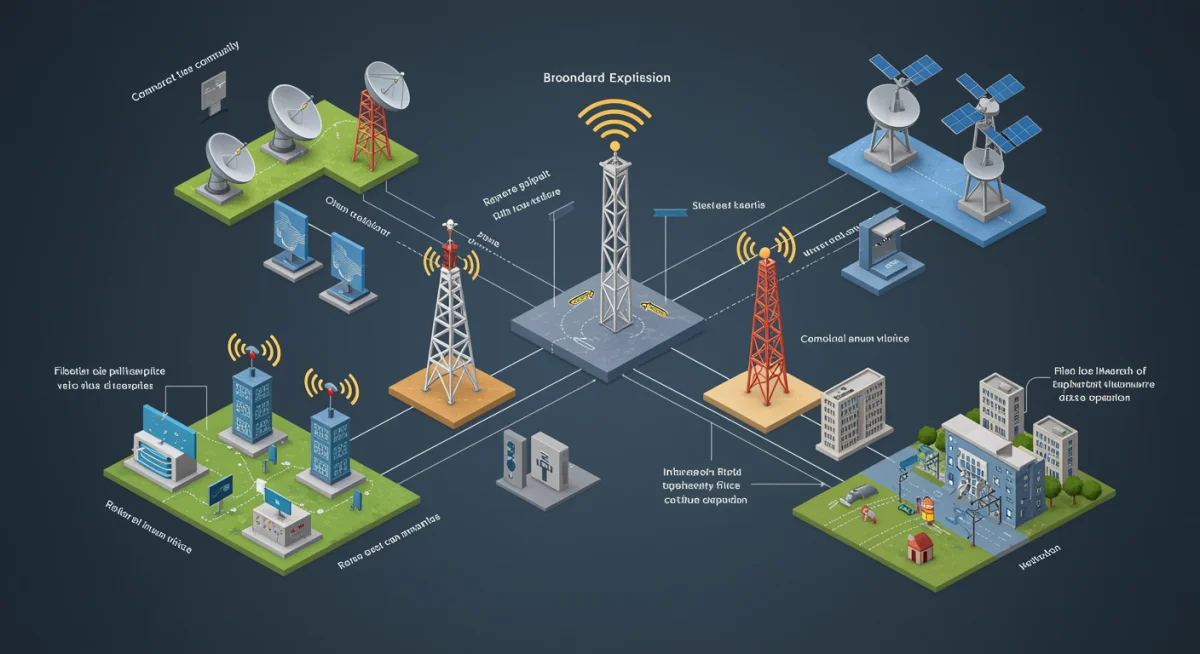 Infographic showing diverse internet infrastructure connecting urban and rural areas.