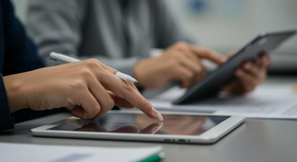 Hands using a tablet in a digital literacy workshop, representing skill-building.