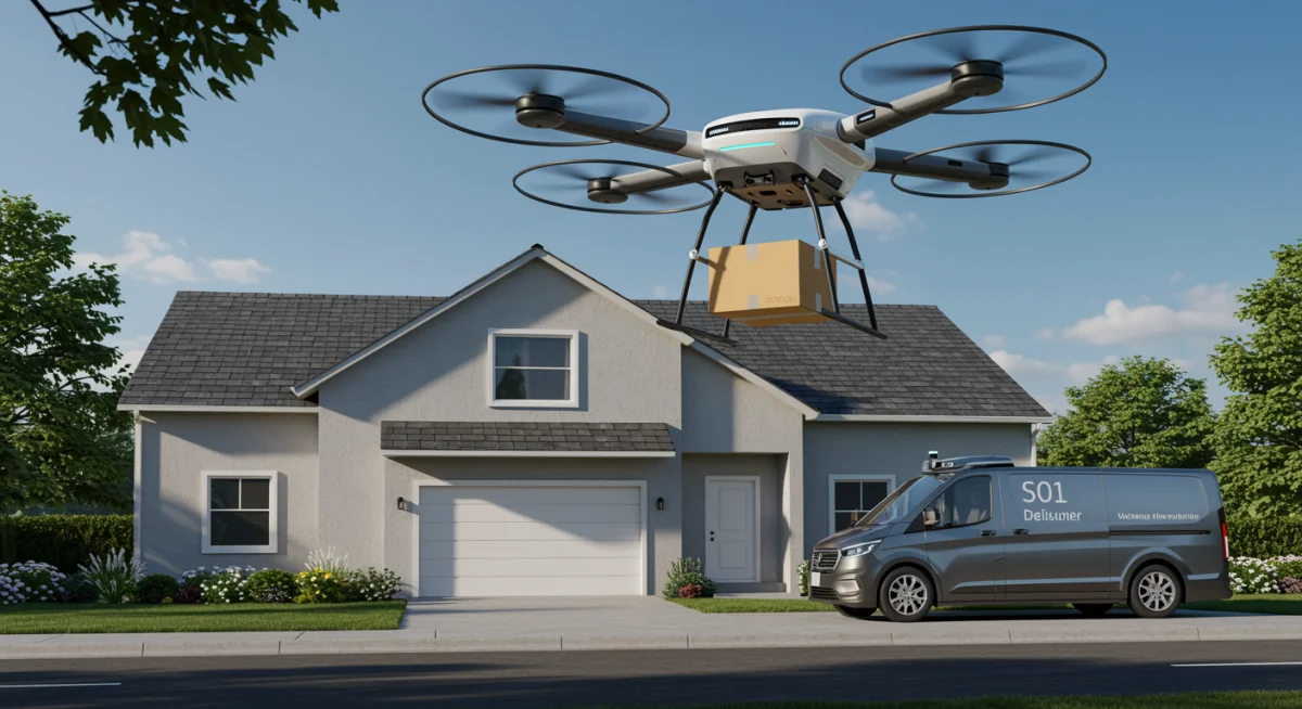 Delivery drone precisely dropping package at suburban home, autonomous van nearby.