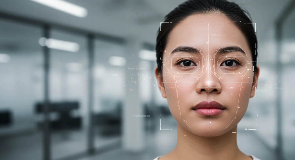 Person's face with a digital grid and data points overlay, illustrating facial recognition in a modern setting.