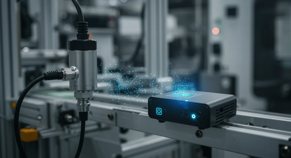 Industrial sensor feeding data to an Edge AI device on an assembly line, showcasing real-time processing.