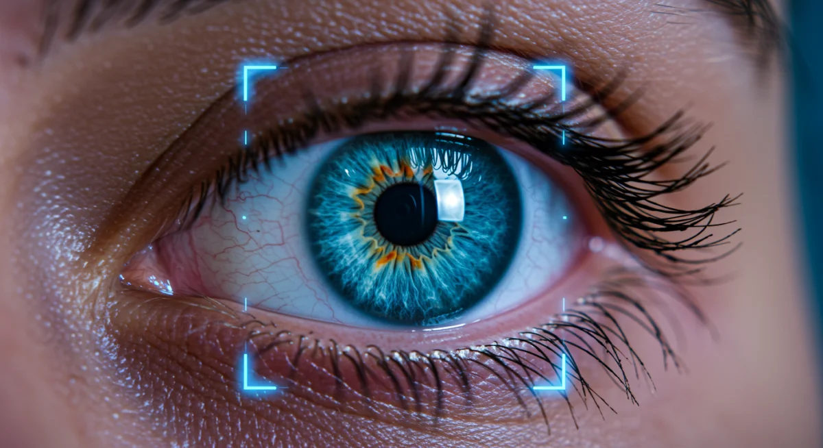 Close-up of a human eye being scanned by a blue light for iris recognition, showcasing intricate patterns for advanced security.