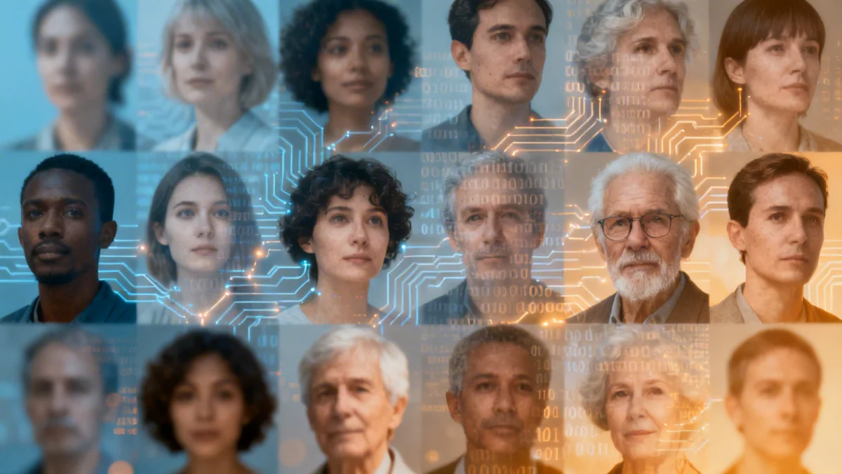 Diverse faces with digital overlays, symbolizing privacy concerns in bio-digital convergence.