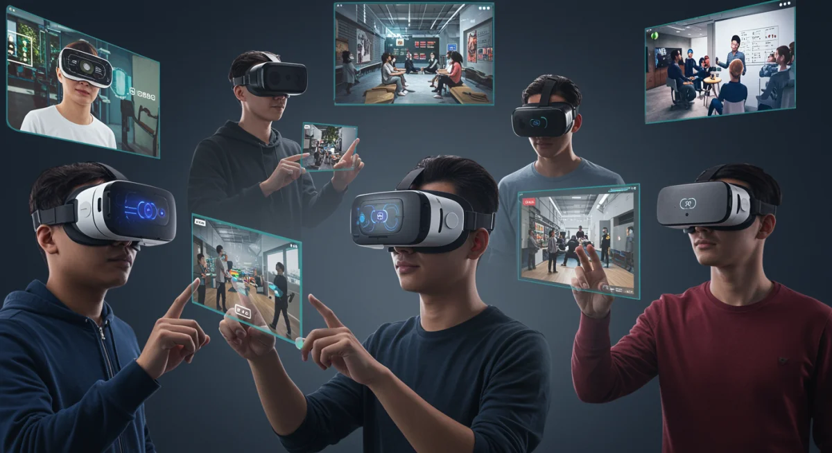 People using VR headsets for gaming, education, and social experiences